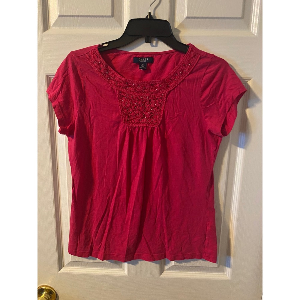 Chaps Womens Pink Cotton Embroidered Studded Bib Neck Short Sleeve Top Medium